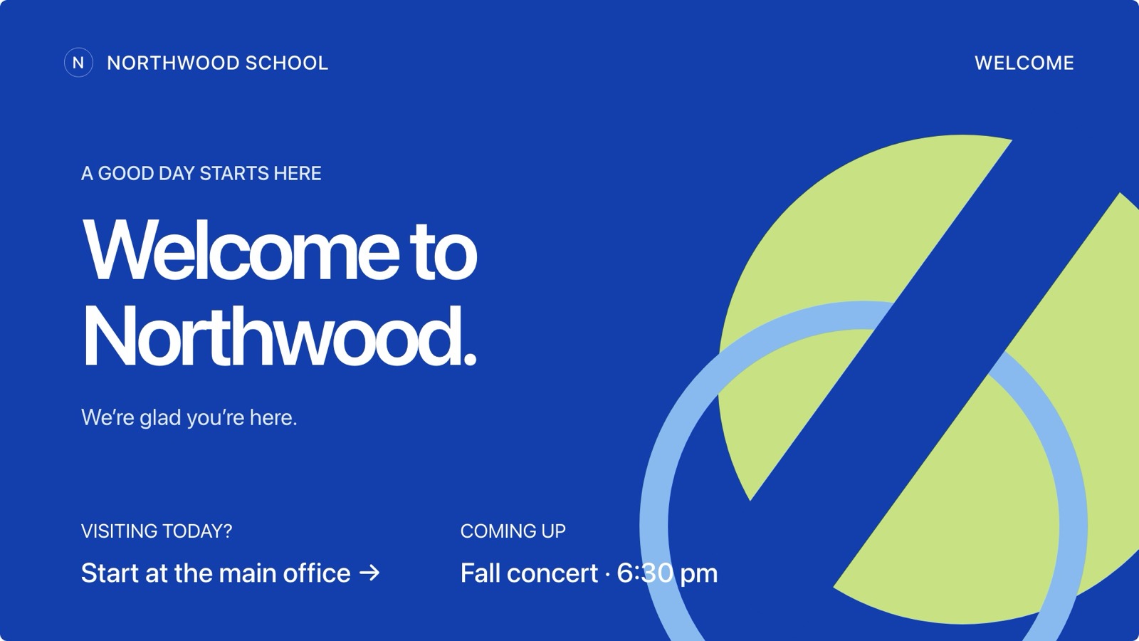 A Panequill welcome sign for a school, shown full screen on an Apple TV